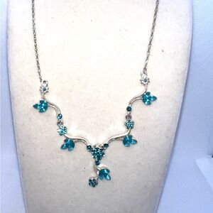 Floral Vine‎ Silver Tone Necklace with Blue Rhinestones Statement Jewelry